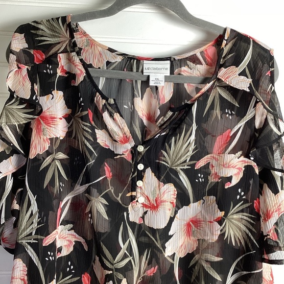 Liz Claiborne Floral Cold Shoulder Top Blouse 
Size XXL BLACK& Pink Ruffles - Picture 2 of 8